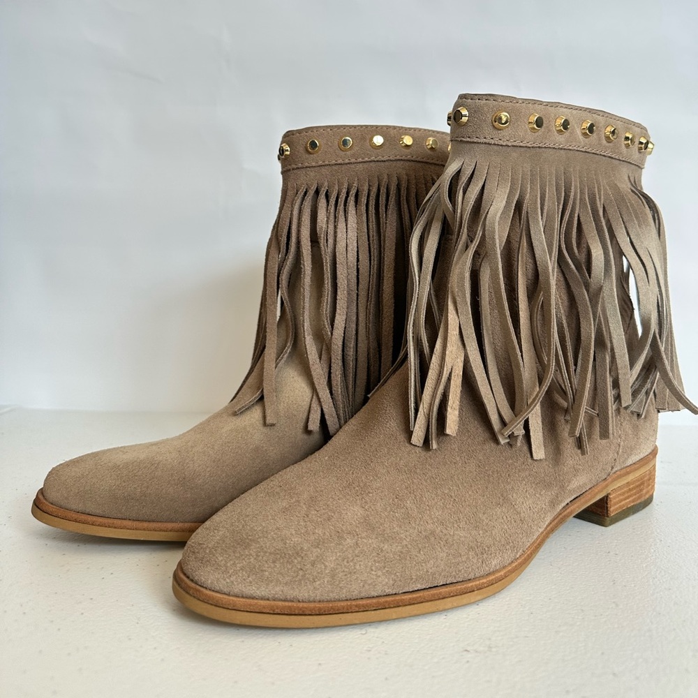 Michael Kors Billy taupe studded fringe booties 7.5